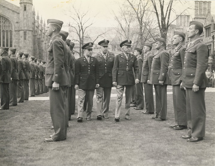 The Judge Advocate General, Major General Myron Cramer, inspects students at the JAG School at the University of Michigan, ca. 1945. (Credit: JAG Corps Regimental Archives)